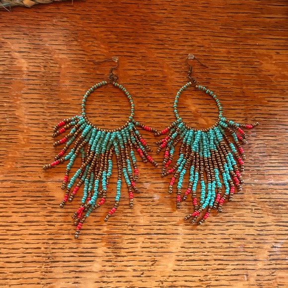 Bohemian Beaded Fringe Earrings - Turquoise and Red - Picture 1 of 1